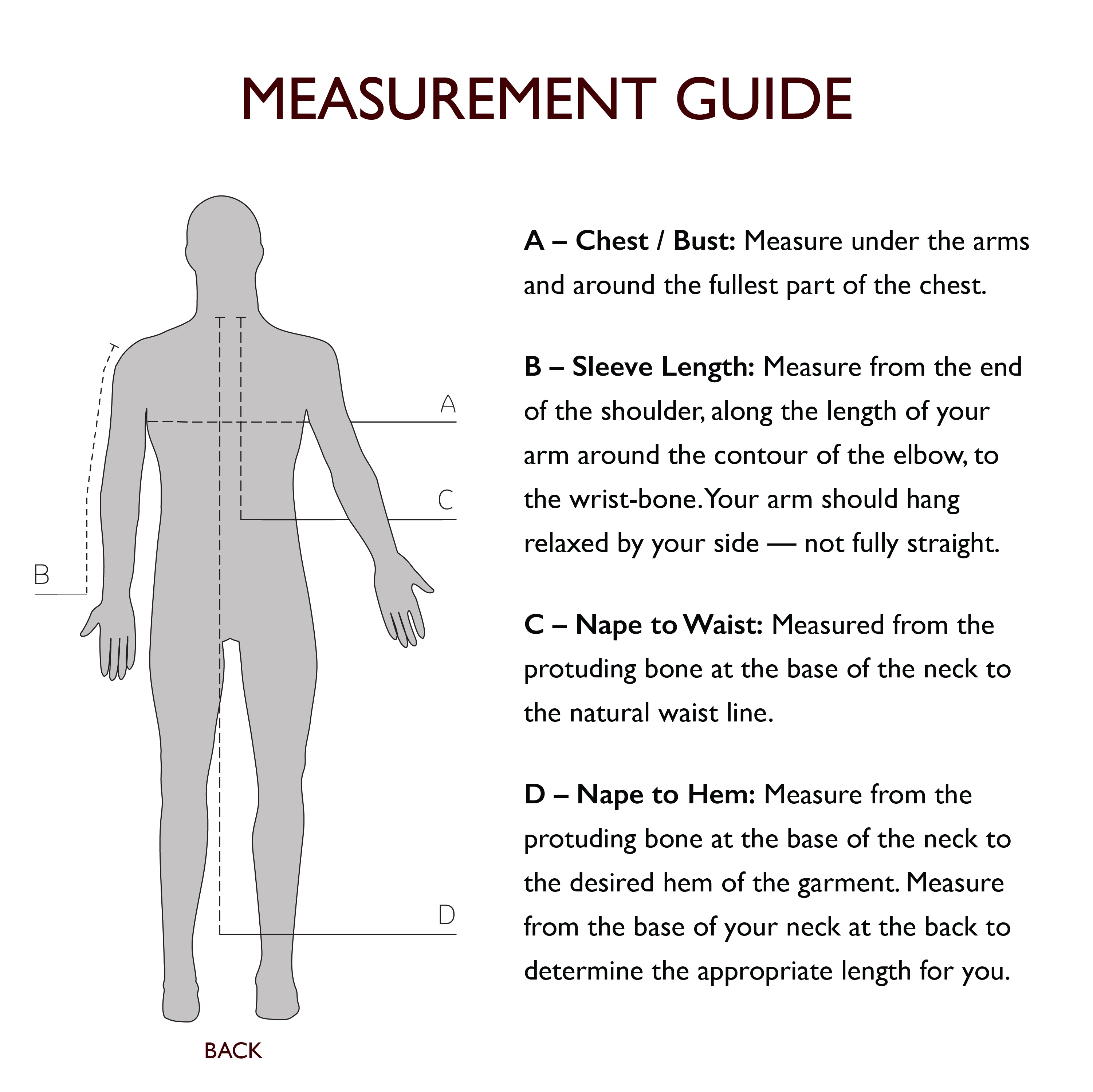 Measurement guide for cassock albs with a gray silhouette and text instructions.