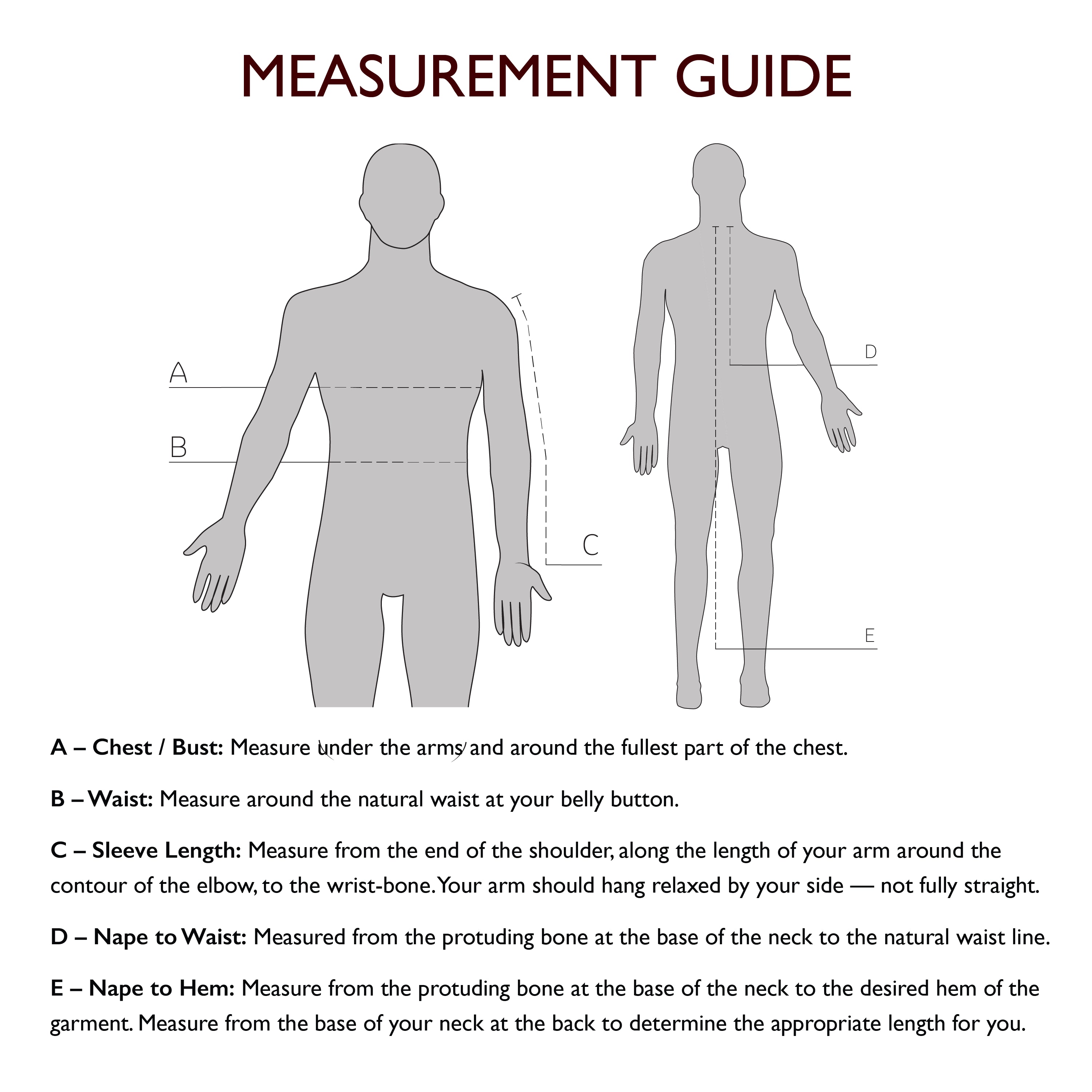 Measurement guide for cassock albs with a gray silhouette and text instructions.